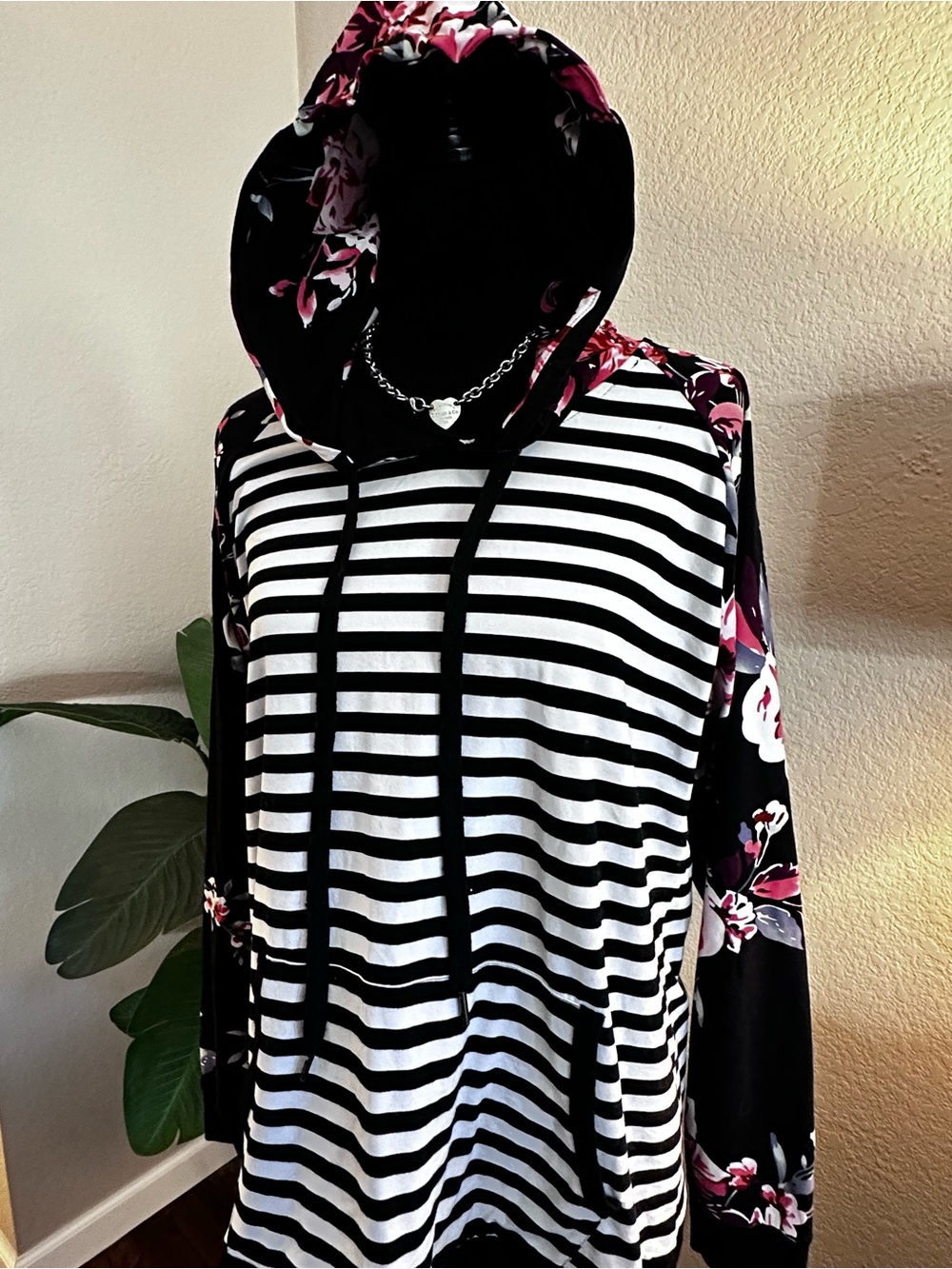 Black & White Striped Hoodie with Pink Floral Sleeves